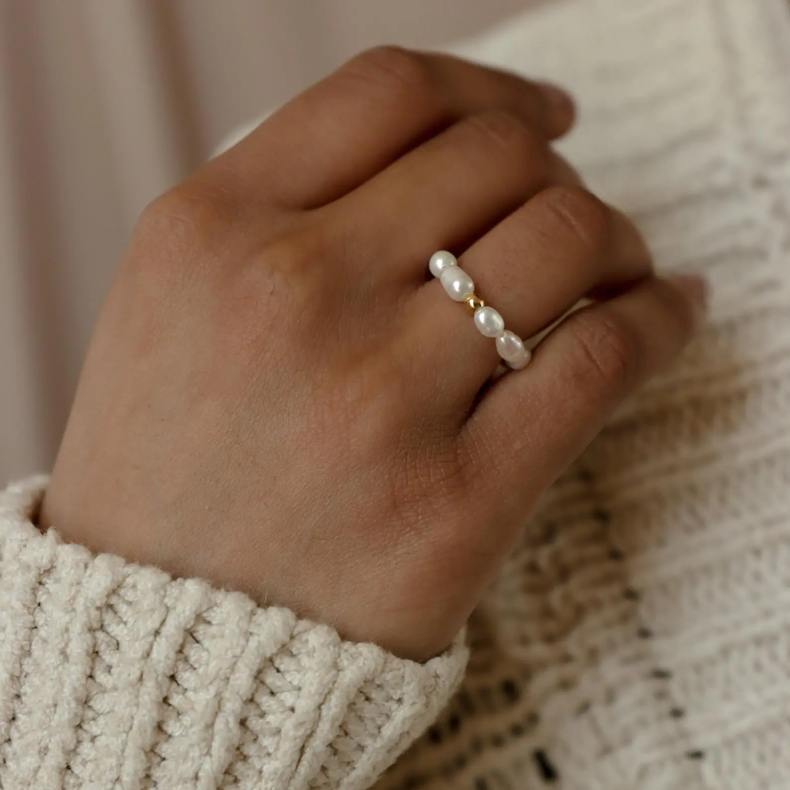 Pearl Beaded Ring by Caitlyn Minimalist - Minimalist Beaded Gemstone Ring in Gold - Pearl Jewelry - Gift for Her