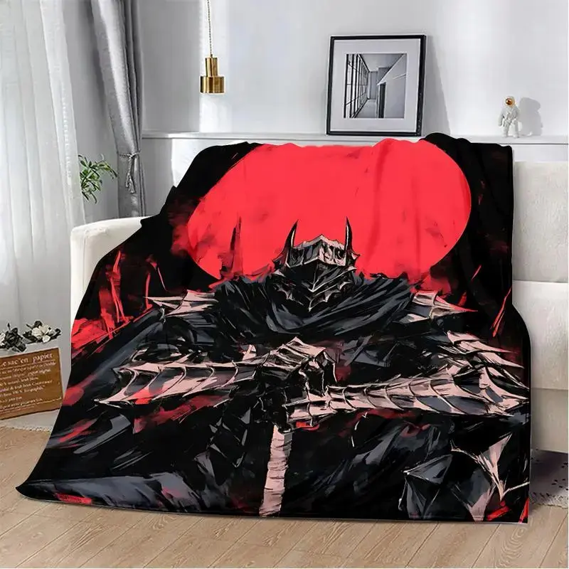 Berserk Guts Anime Fleece Throw Blanket - Berserker Armor, Red Moon, Gothic Pattern, Anime-Style, Dark Gothic, Soft Warm, Otaku Gift, Edgy Boy Gift, Manga Room Decor, Gamer Room Accessory, Bed Sofa Cover, Gothic Pattern Blankets, Anime-Style Blankets