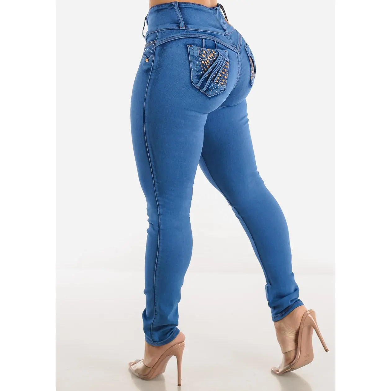 MX JEANS Mid Rise Push Up Rhinestone Blue Jeans