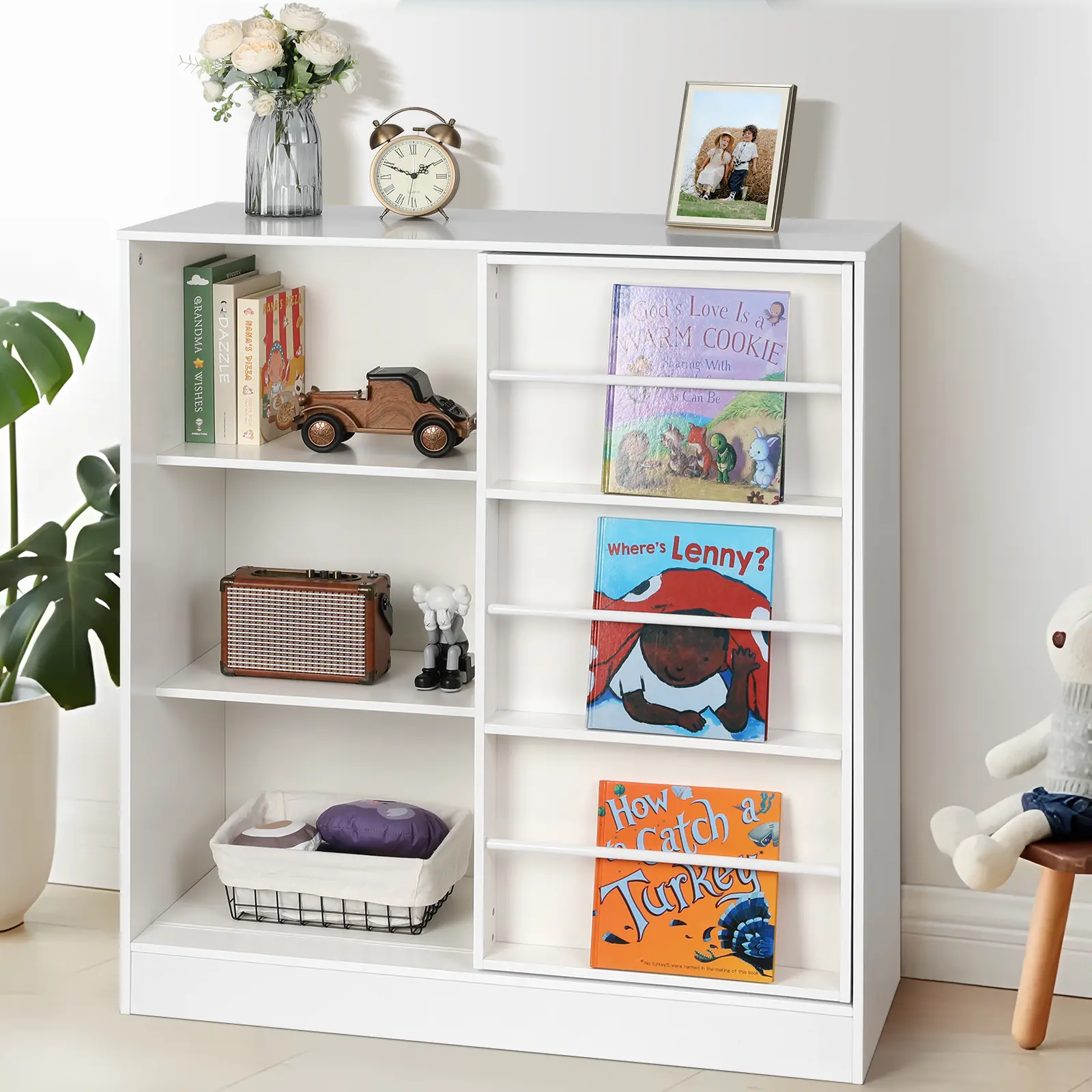 Cowiewie Wooden Baby Toy Organizer & Storage Cabinet, 5-Section Kids Bookshelf for Nursery, Sturdy Safe Montessori Design with Left-Right Sliding Door, Large Space for Playroom