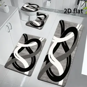 4pcs Flannel Bathroom Rug Set, Modern Abstract Curve Line Bath Mat Kit, Non-Slip Quick Dry Soft Flannel Mat with Runner, Contour Rug, Toilet Lid Cover