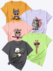 women's cartoon animal & owl print round neck tee, casual short sleeve t-shirt for summer, ladies clothes for daily wear