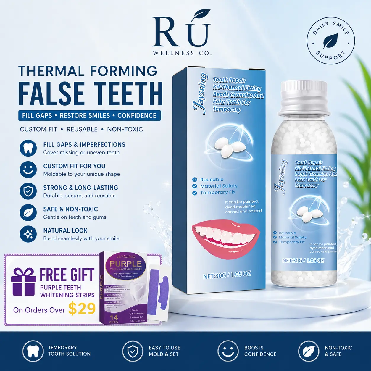 Mouldable Temporary Tooth Replacement Kit - Moldable Dentures, False Teeth, Dentures Temporary Fillings, Shapeable Pellets, Tools, Reline Solution, Safe Material Multi-Pack for Natural Instant Confident Smile, Oral, Material Safety
