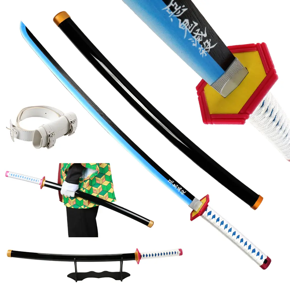 ELERVINO Demon Slayer Tomioka Giyuu Cosplay Bamboo Wooden Katana - 41-in 1.1 lb Blade Replica with Holder Stand, White Belt for Props, Collection; Plastic Halloween Christmas Decoration, Birthday New Year Gift, Wood, 41 Inches, Birthday Halloween Christma