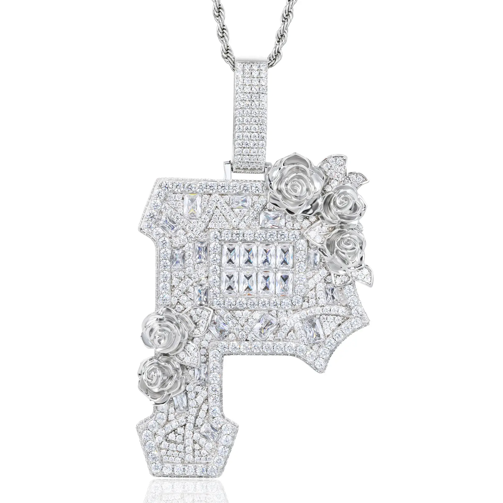 UCCIYO Large Iced Out Gun Pendant for Men - CZ Zircon Inlay Rose & Spiderweb Baguette Design, Gold-Tone Copper Hip Hop Iced Out Jewellery, Fits 20mm Cuban Chain, Pendant Only [#CZP1853]
