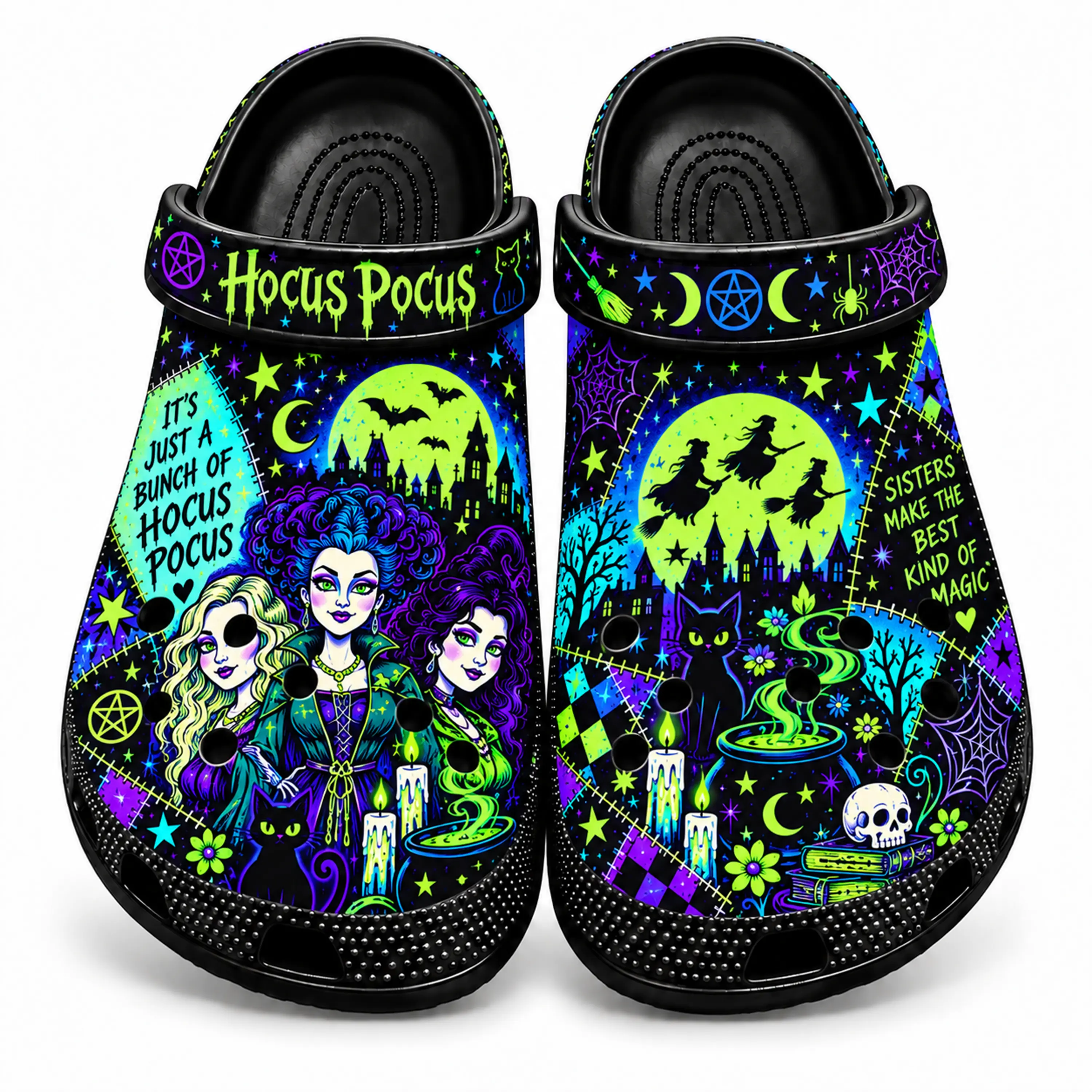 Hocus Pocus Witch Clogs, Halloween Black Garden Shoes for Women Men, Witch Sisters Magic Graphic Slip On Sandals, Spooky Cat Moon Gothic Clogs, Horror Halloween Casual Beach Shoes, Lightweight Unisex Fan Gift