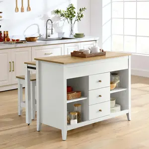 Modway Farmstead 3-Piece Kitchen Island and Stool Set in Oak White