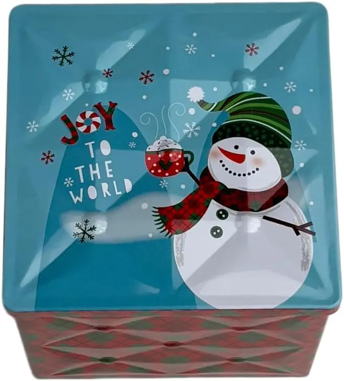 Christmas Square Metal Tin Box with Snap Lid, Snowman Decor & Argyle Embossed Relief Effect, Smooth Kitchen Holiday Cookie Preserving Container with Excellent Sealing and Freshness Retention, Gift Giving
