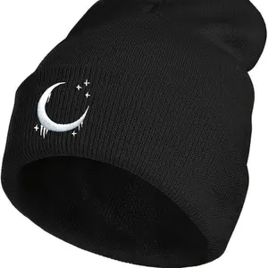 Unisex Winter Gothic Beanie Warm Knitted Crescent Stars Embroidery Skull Cap Style Casual Gift for Gothic Aesthetics Sweet Romantic Design Night Cap