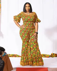 Women’s Kente Print Two-Piece Outfit – Off-Shoulder Top and Flared Pants