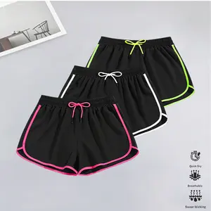 Women’s mid-rise sports shorts, set of 3 — soft, smooth polyester fabric; side contrast color design; non-restrictive elastic waistband; solid-color casual wear for all seasons; breathable design; a fitness enthusiast’s essential.