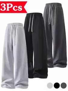 3-Pack Men's Loose-Fit Sporty Knitted Pants, Solid Color with Drawstring Waist, Breathable Fabric, Adjustable Waistband, All-Season Casual Wear