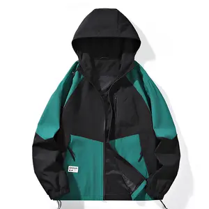 Men's Spring And Autumn Jacket Patchwork Color Block Zipper Hooded Windbreaker Workwear Coat