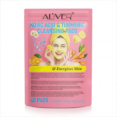 ALIVER 1*Kojic Acid & Turmeric Cleansing Pads (40 Pads) - Kojic Turmeric Soft Cleansing Wipes Cleanser, 12-Month Shelf Life, Makeup Remover, Exfoliating Deep Cleanse, for Dry & All Skin Types, Adult Skincare Tool