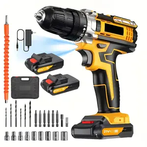 1 Set 21V Cordless Drill Kit - 3/8" Keyless Chuck Drill, 3-Clutch 55Nm Max Torque, 2-Speed 2-Battery Fast Charger, with Work Light, Complete DIY Tool Accessories
