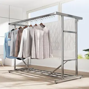 Stainless Steel Clothes Drying Rack Floor Standing Folding Indoor and Outdoor Clothes Drying Rack Double Pole Balcony Clothes Hanging Rack Simple Clothes Drying Pole