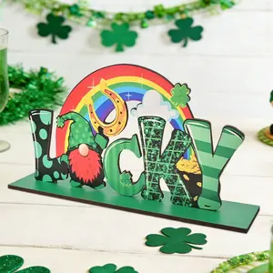 2D Flat, 1 PC Lucky St. Patrick's Day Wooden Tabletop Decoration, Wooden Letter Sign, With Rainbow Four Leaf Clover Gnome Pattern, St. Patrick's Day Gift, Suitable For St. Patrick's Day Decoration