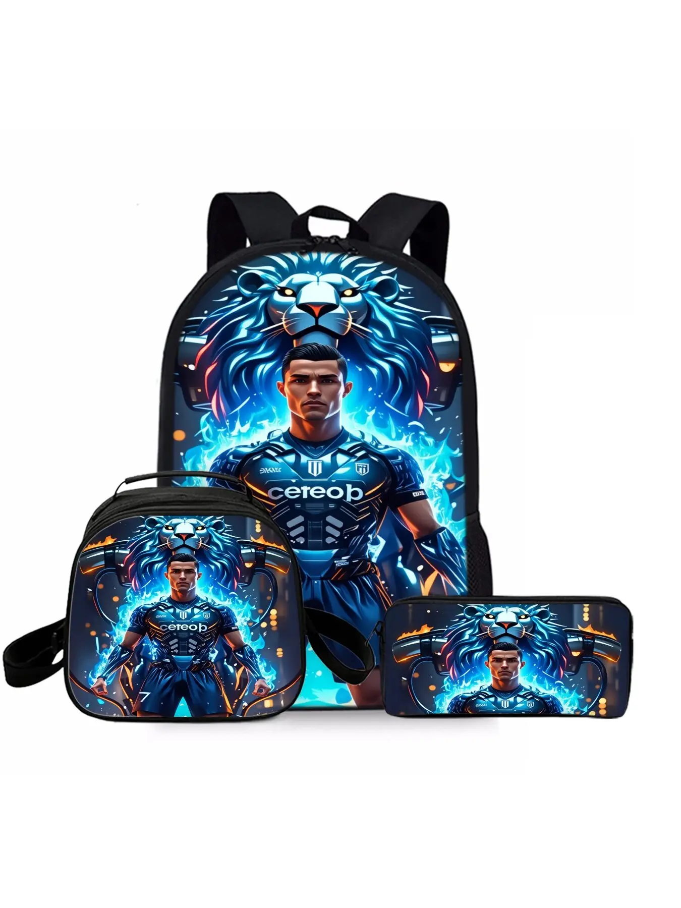 Football star printed multi compartment backpack three-piece set, including lunch bag, pencil case, and backpack, School Backpacks, Pattern Backpack Set
