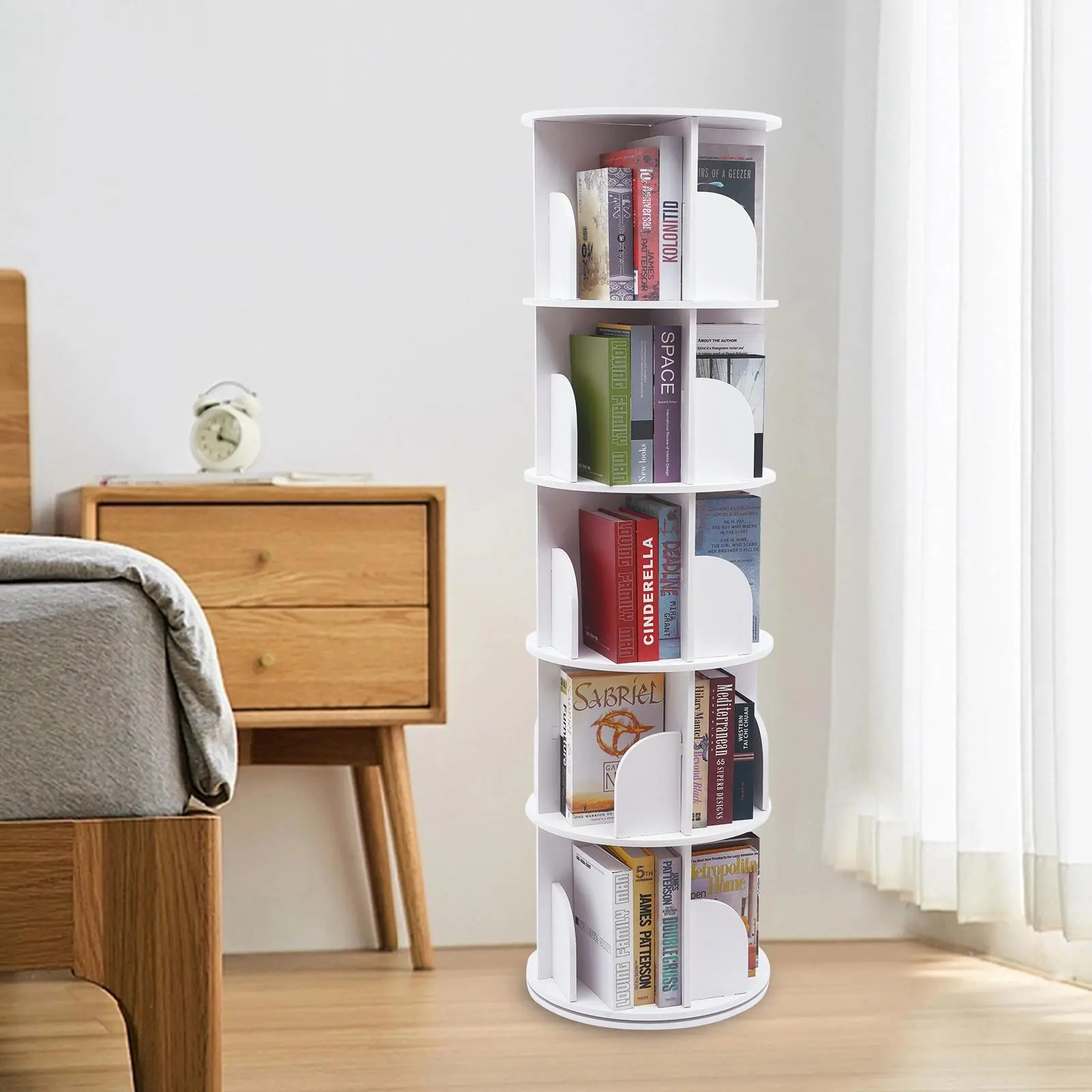 Round Wood Bookshelf - 4-Layer Silent 360-Degree Rotating, 60kg Capacity Narrow Floor-Standing Corner Storage Rack, Bookshelf Accessory for Small Spaces, Home Organizer for Bedroom, Game Room, Father-Son Gift with Organization Ideas for Toy Organization,,