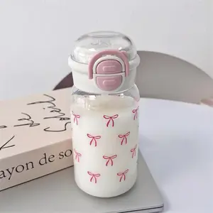 Bowknot Pattern Water Bottle, 1 Count 500ML Cute Water Bottle with Straw, Drinking Cup for Home Office School Outdoor, Hydration Tumbler