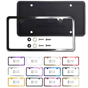 Silicone Back Guard Two Holes Slim License Plate Frame Black Chrome Gun Metal Gray Electroplating Universal Fit Aluminum Screw On Cap Cover, T304 Stainless Steel, Rust Proof (Qty: 1 Frame)