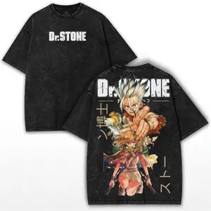 Dr. Stone Anime Tee – Vintage Washed Oversized Shirt with Science Reborn Graphic & Heavy Cotton Fit for Otaku Fans