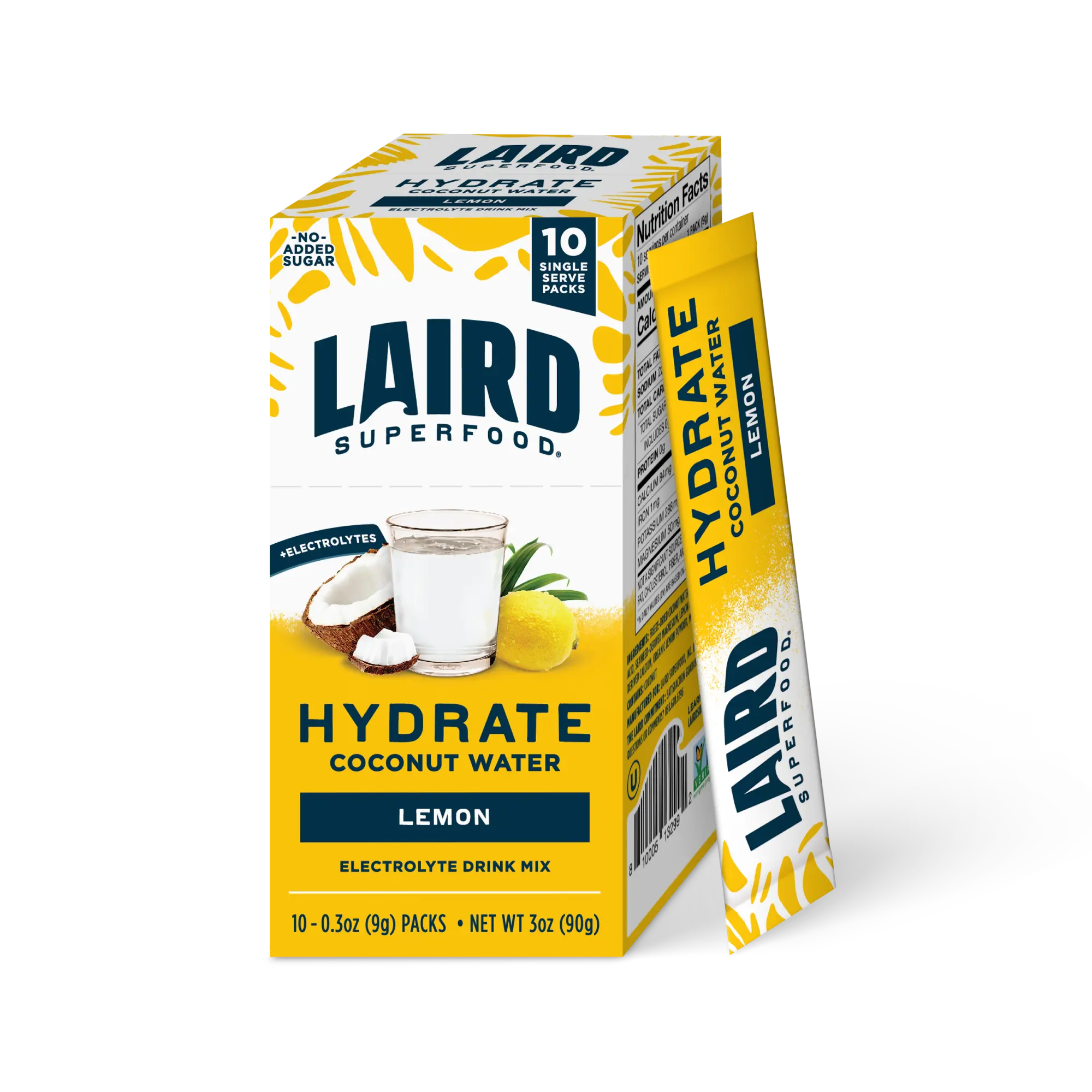Laird Superfood Hydrate Lemon Coconut Water Electrolyte Drink Mix 10 Single Sticks Natural Nourishing Hydration