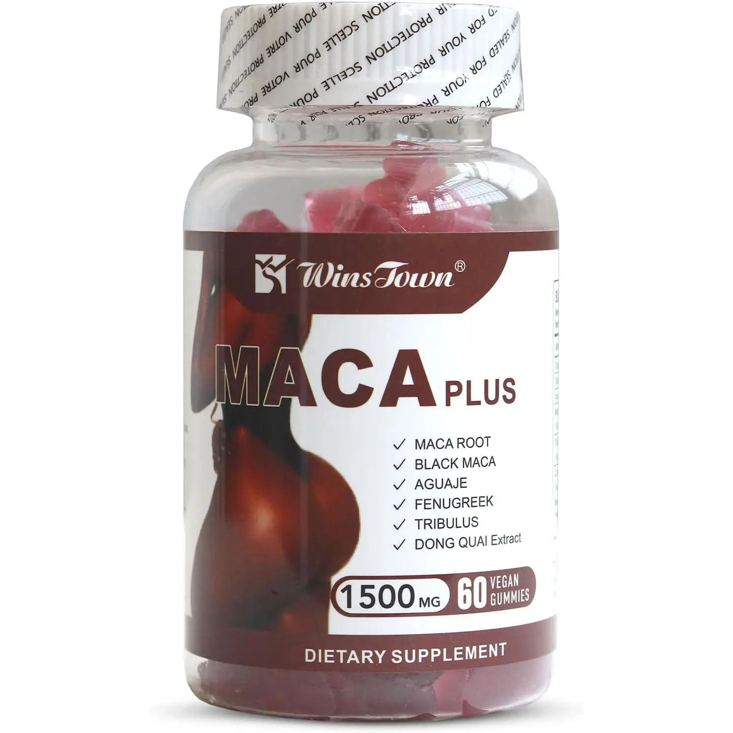 Wins Town Maca Plus Gummies 1500mg， Maca root, Tribulus terrestris, Saw Palmetto(Berry), Papaya, Black mac Powder, Fenugreek Powder, Dong quai Powder, Aguaje Fruit Powder, 60 Capsules, Vegan, Gluten-Free, Non-GMO - Dietary