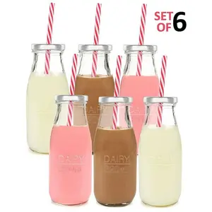 Reusable Glass Juice Bottles With Straws Reusable Glass Milk Clear Bottles with Straws and Metal Screw on Lids, 10.5 Oz, Set of 6, Estilo Drinkware Beach Beverage Cup Mug Portable Bottled