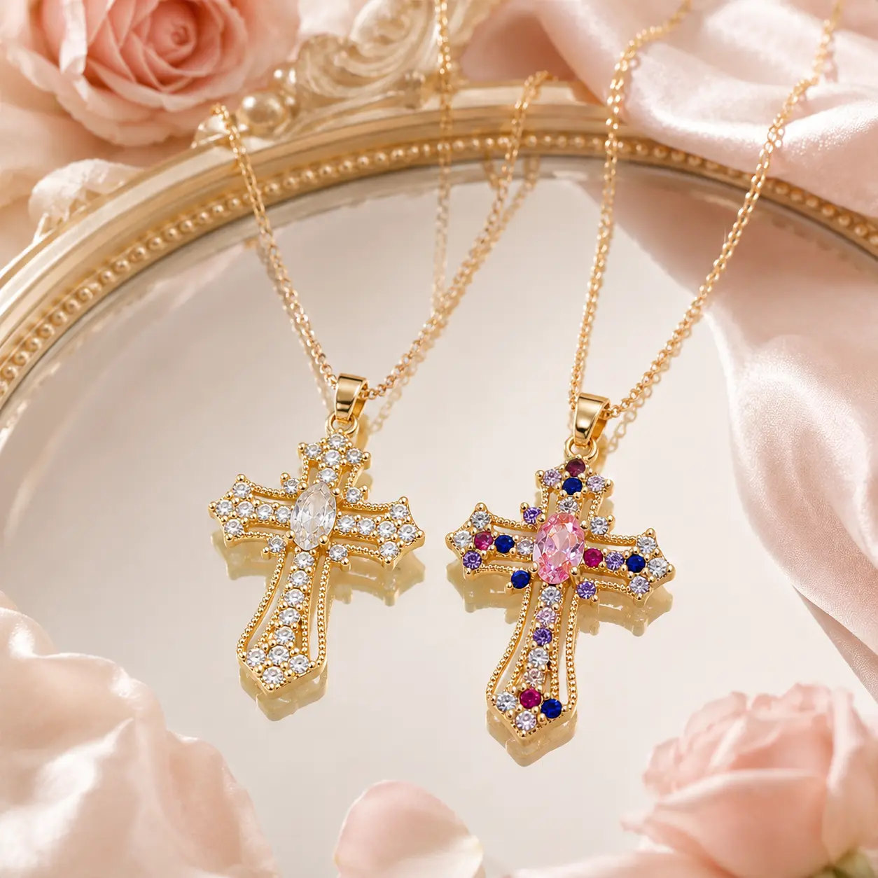 French Design Crystal Cross Necklace for Women, Gold Tone Rhinestone Cross Pendant Necklace, Elegant Sparkle Statement Jewelry, Romantic Gift for Her, Daily Wear Party Necklace