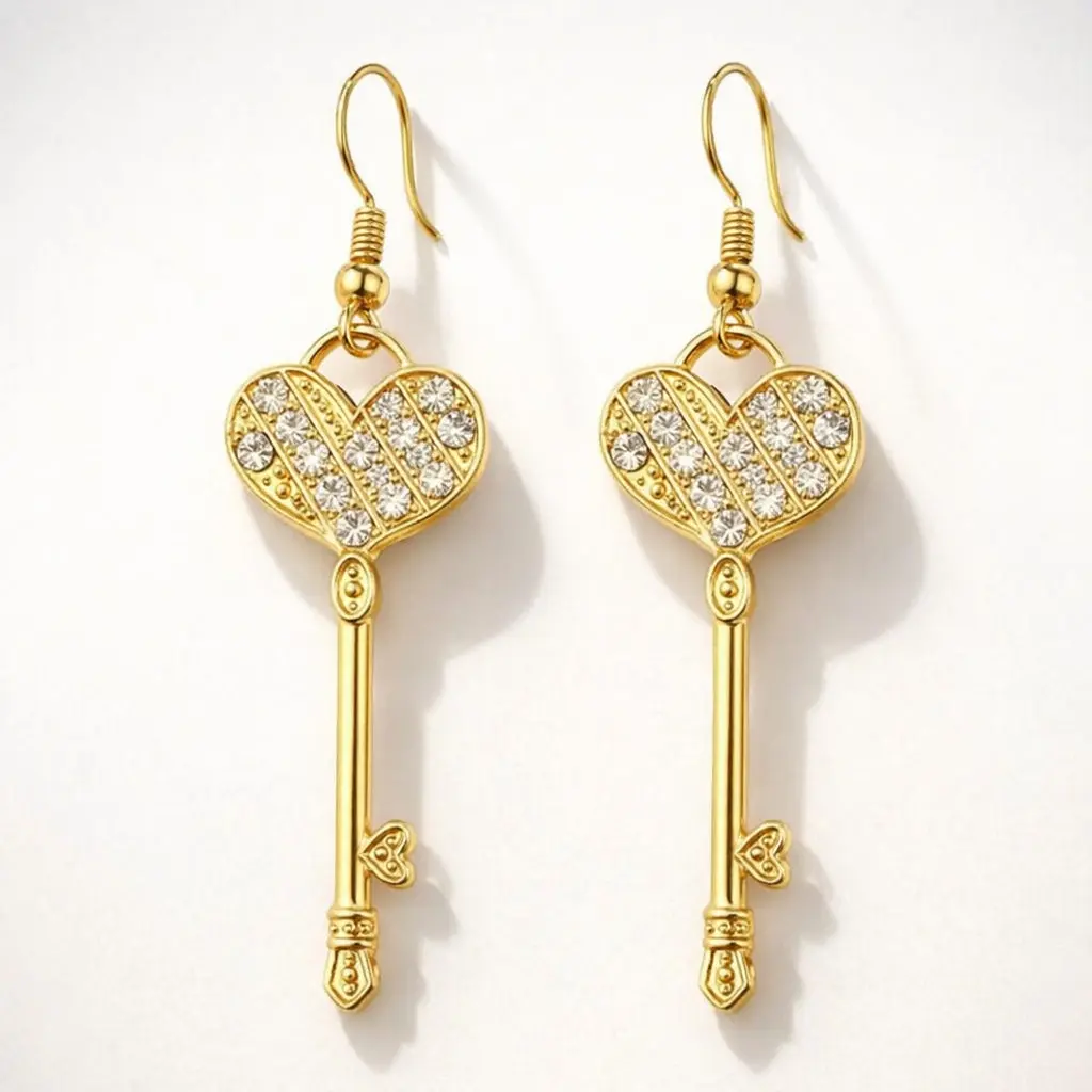 Golden Heart Key Earrings
