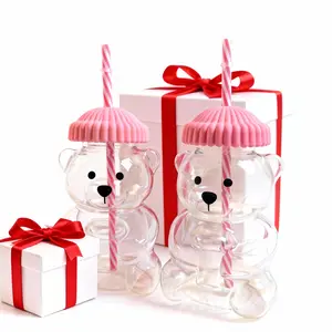 Adorable Teddy Bear Glass Straw Cup 20oz – Seasonal Coffee & Drink Cup, High Borosilicate Glass, Cute Daily Cup, Sweet Gift for Birthday & Valentine’s Day