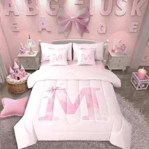 7-Piece Initial Pink Bowknot Comforter Set,Coquette Monogrammed Bedding Set,Initial Letter M Birthday Gift Bed in a Bag for Her,Girly Unique Preppy Room Decor for Women Teen Girl(M)