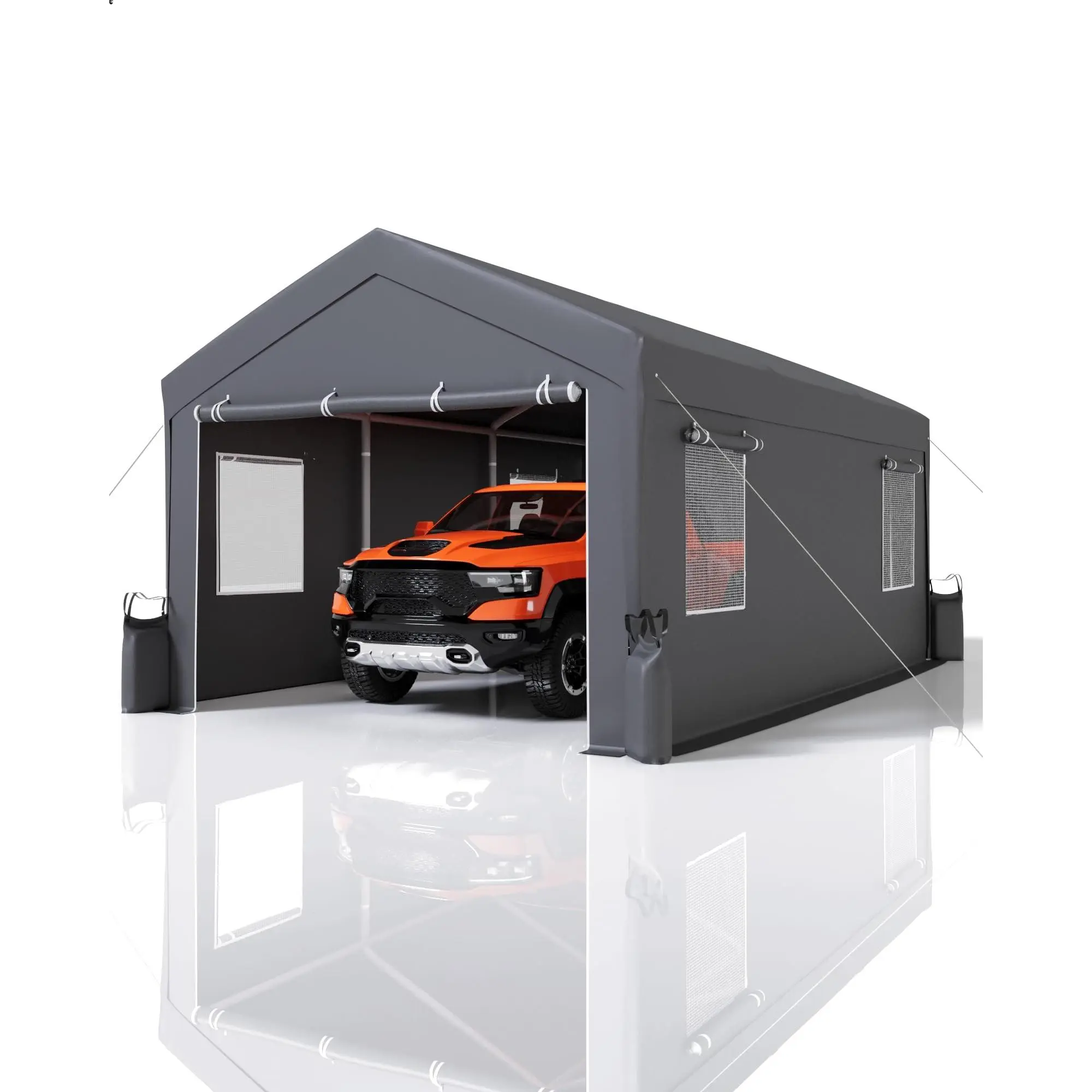 Heavy Duty Portable Carport Garage Canopy - Reinforced Steel Frame, Roll-Up Windows, Dual Front & Back Doors, Weather-Resistant Outdoor Shelter for Cars, Trucks, Boats, Parties - Gray