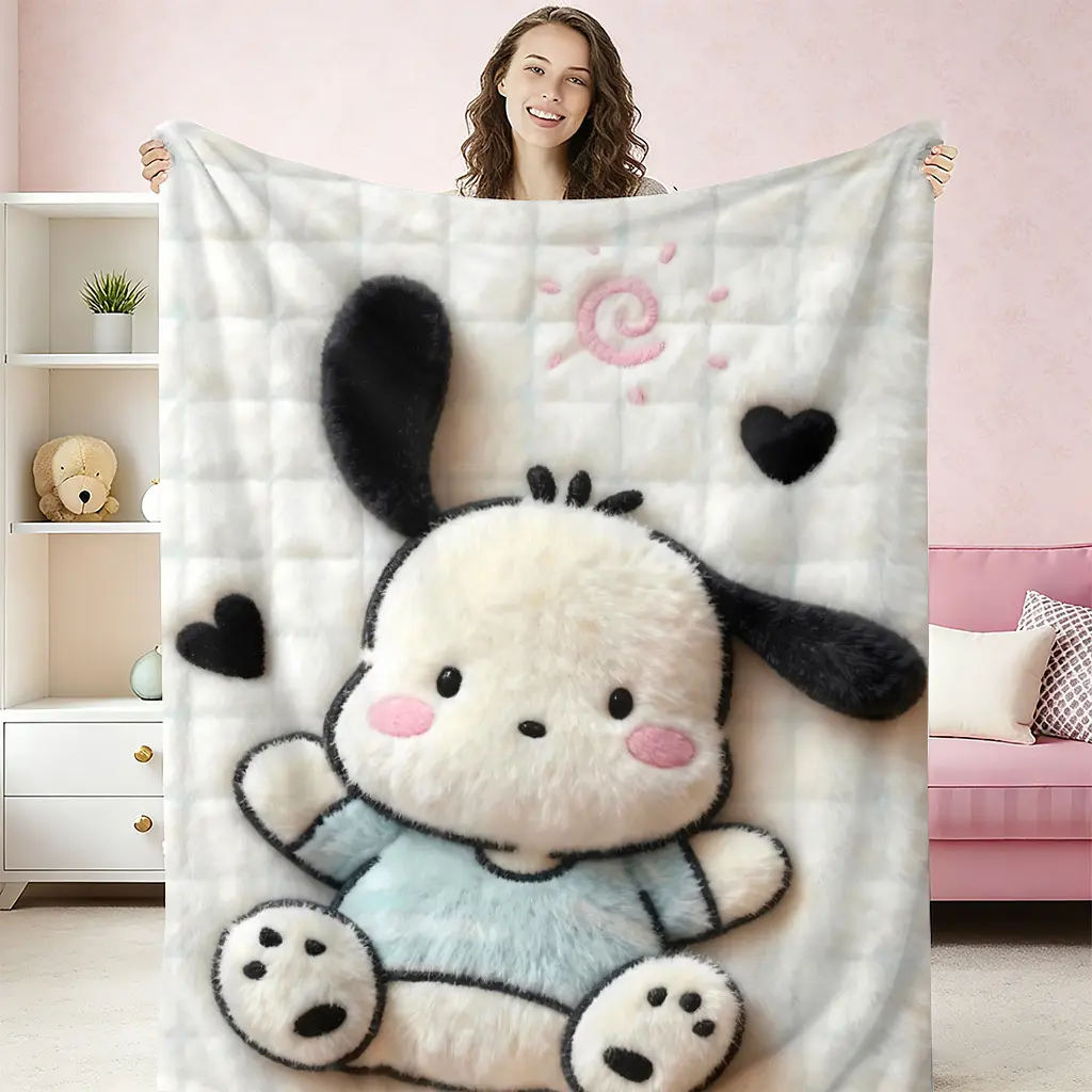 Cute puppy cartoon character blanket, soft 3D faux fur style themed comfortable blanket, fluffy and lightweight, suitable for children and fans, anti-pilling and washable decorative blanket, available in multiple sizes.