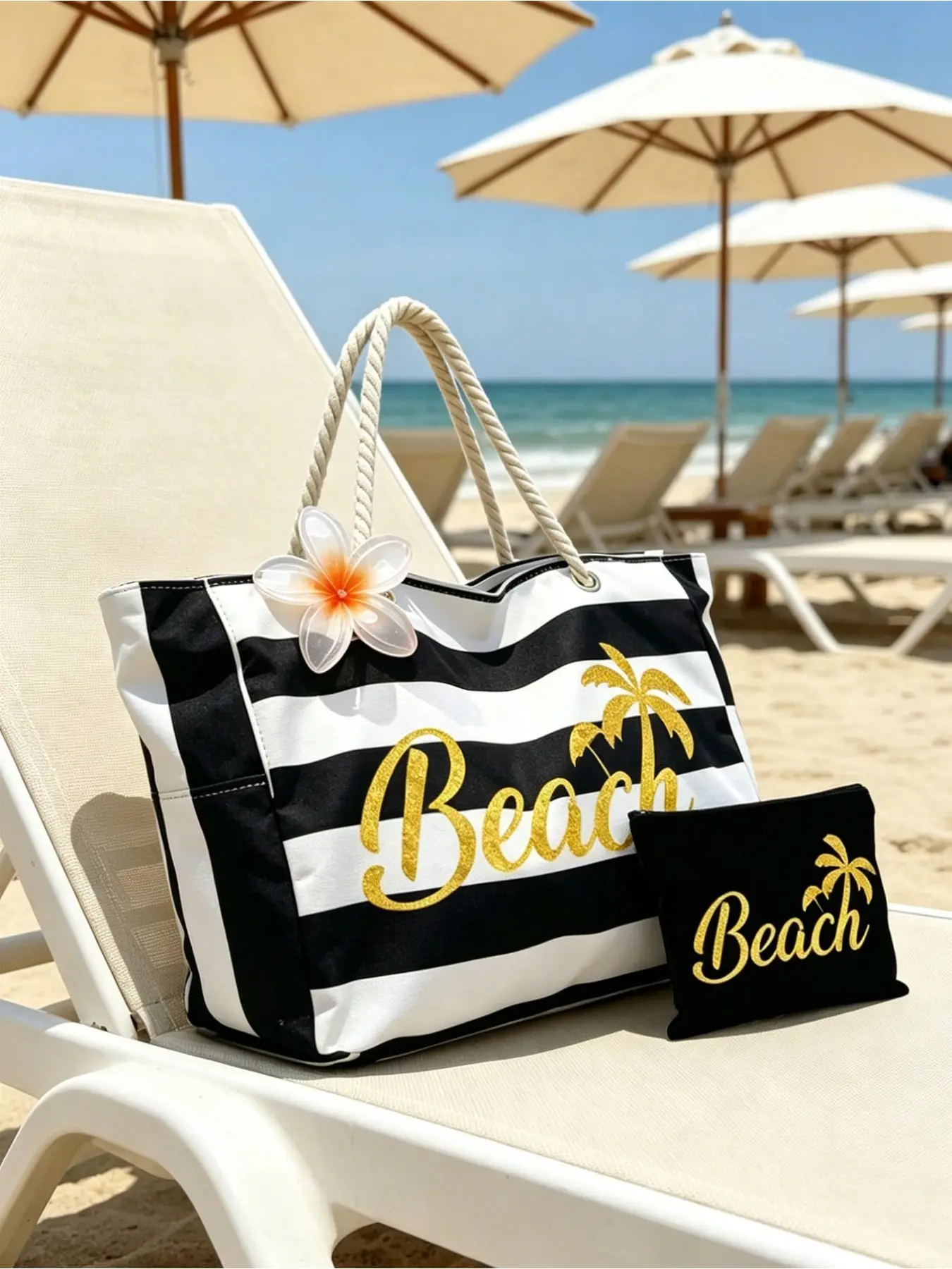 Black and white striped foldable canvas beach tote with parasol print. Waterproof and sand-proof, spacious for summer essentials, ideal for beach trips, swimming, shopping and daily use.