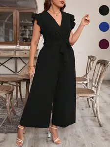 Plus Size Women's Jumpsuit, Loose Fit V Neck High Waist Belted Wide Leg Pants, Summer Vacation Casual Wear, Beach Photo Shoot