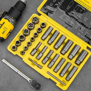 Deep Bolt Extractor Set 28PCS 3/8" Drive Kit for Stripped Broken Rounded Lug Nuts Oil Drain Plugs High-Hardness Cr-Mo Tools with 13 Extended & 13 Regular Extractors for Auto Maintenance