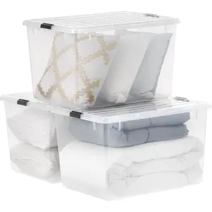 144 Qt Stackable Plastic Storage Bins with Lids, 3 Pack - BPA-Free, See-Through Organizing Solution, Latches, Durable Nestable Containers, Secure Pull Handle, Made in USA - Clear Boxes Organiser