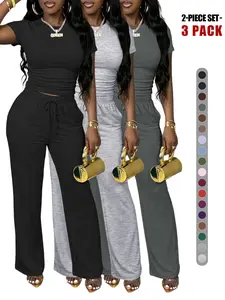 Women's Spring Summer Basic Casual Everyday Set, Round Neck Short Sleeve Top & Wide Leg Pants, Slim Fit Home Wear, 2 Piece Comfortable Outfit
