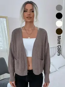 Women's Solid Drop Shoulder Pocket Open Front Cardigan, Casual Long Sleeve Knitwear for Spring & Fall, Fashion Women's Knit Clothing for Daily Wear, Womenswear