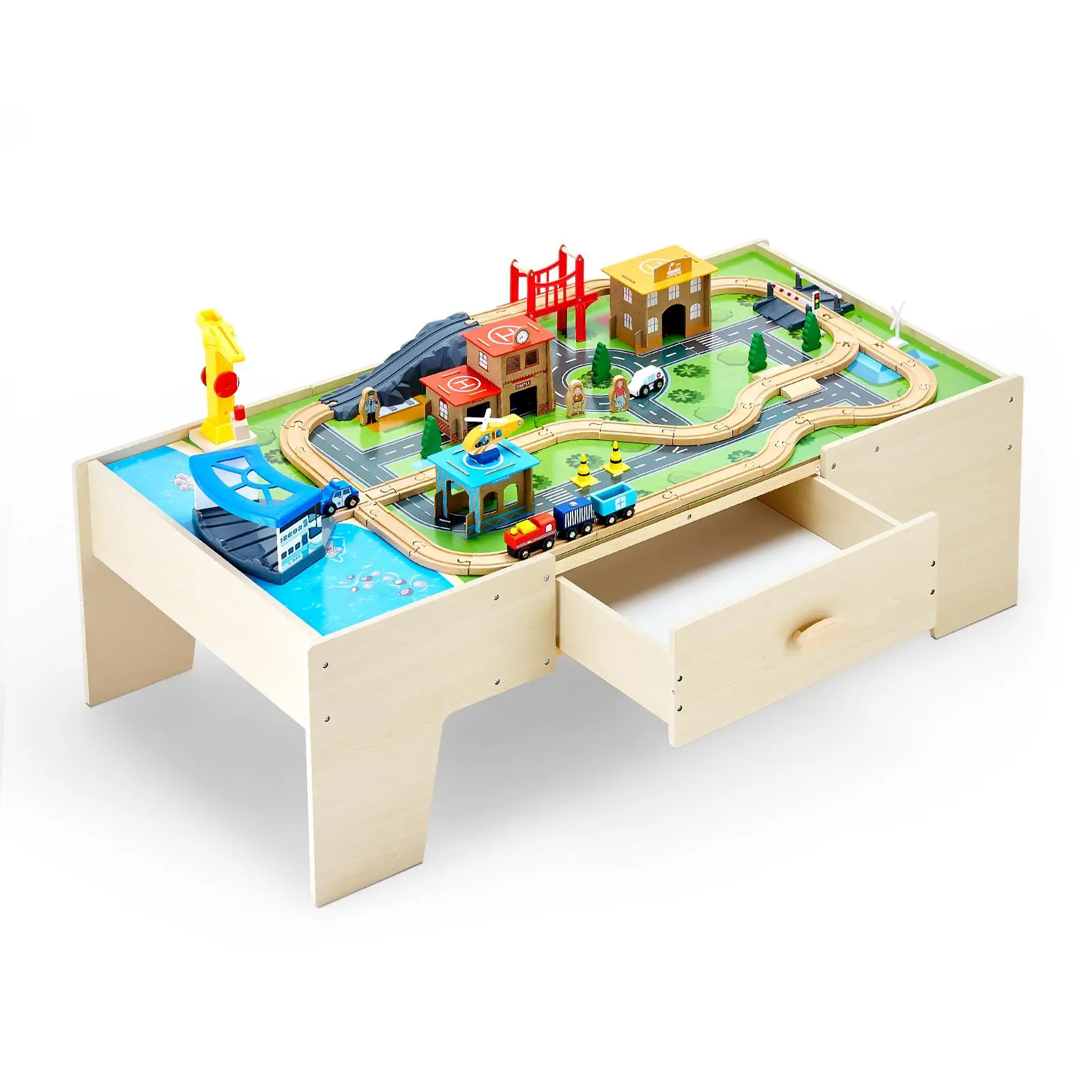 VEVOR Reversible 3-in-1 Wooden Train Table with Wood Frame, 62 Pieces, Train Tracks, Construction Toy Buildings, Large Storage Drawers, Kids' Study Table for Ages 3+ - Open Ended Play, Develops Organizing Habits, Enhances Hand-Eye Coordination, Crafts
