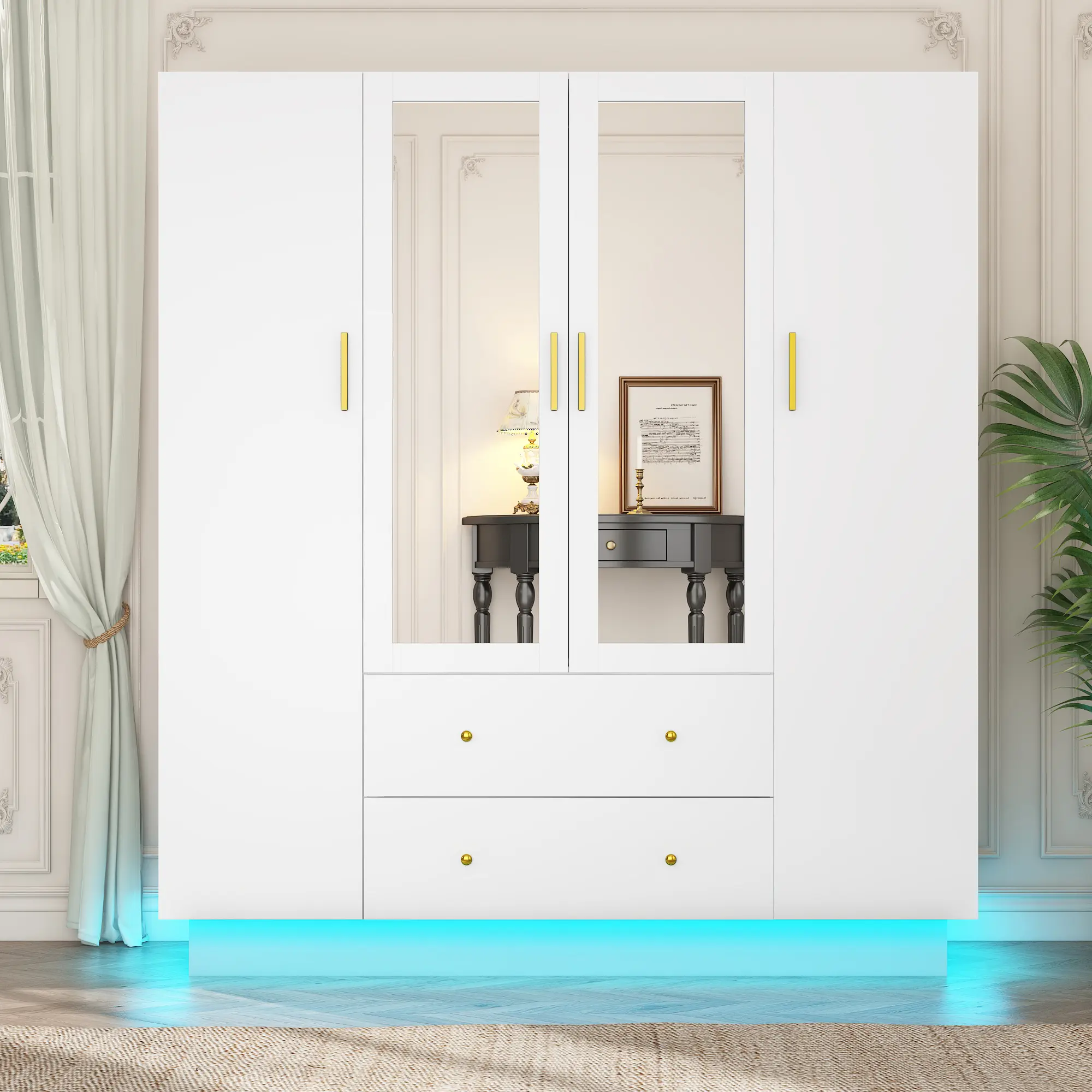 4-Door Freestanding Wooden Wardrobe Furniture - Bedroom Storage with Mirrors, LED Lights, Drawers, Shelves, Hanging Rod for Room Organization