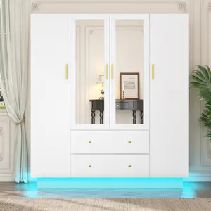 4 Door Wardrobe Closet with Mirrors and LED Lights, Bedroom Armoire with Drawers and Shelves, Modern Wooden Armoire Wardrobe Closet with Hanging Rod for Bedroom