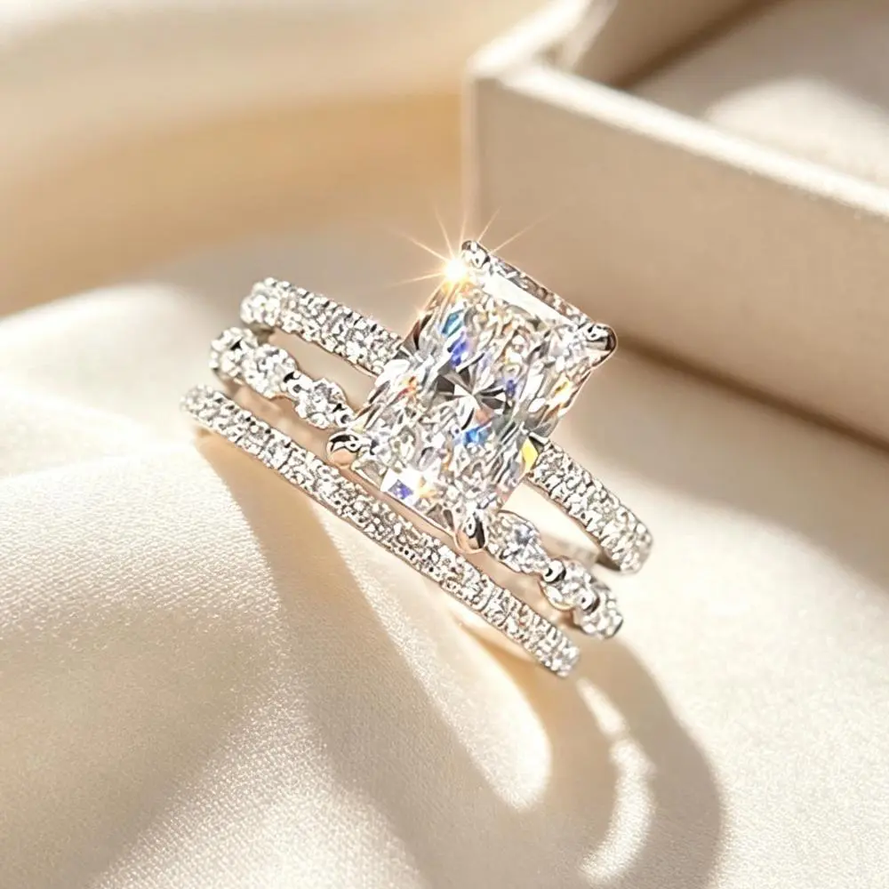 3-Piece Radiant Cut Stackable Bridal Ring Set, Pave Side Stone Statement Finger Rings, Dainty Wedding Band Jewelry for Women Engagement Proposal Anniversary Gift