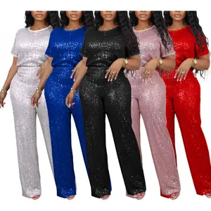 Women's sequined solid-color short-sleeved pants two-piece set in extra large size