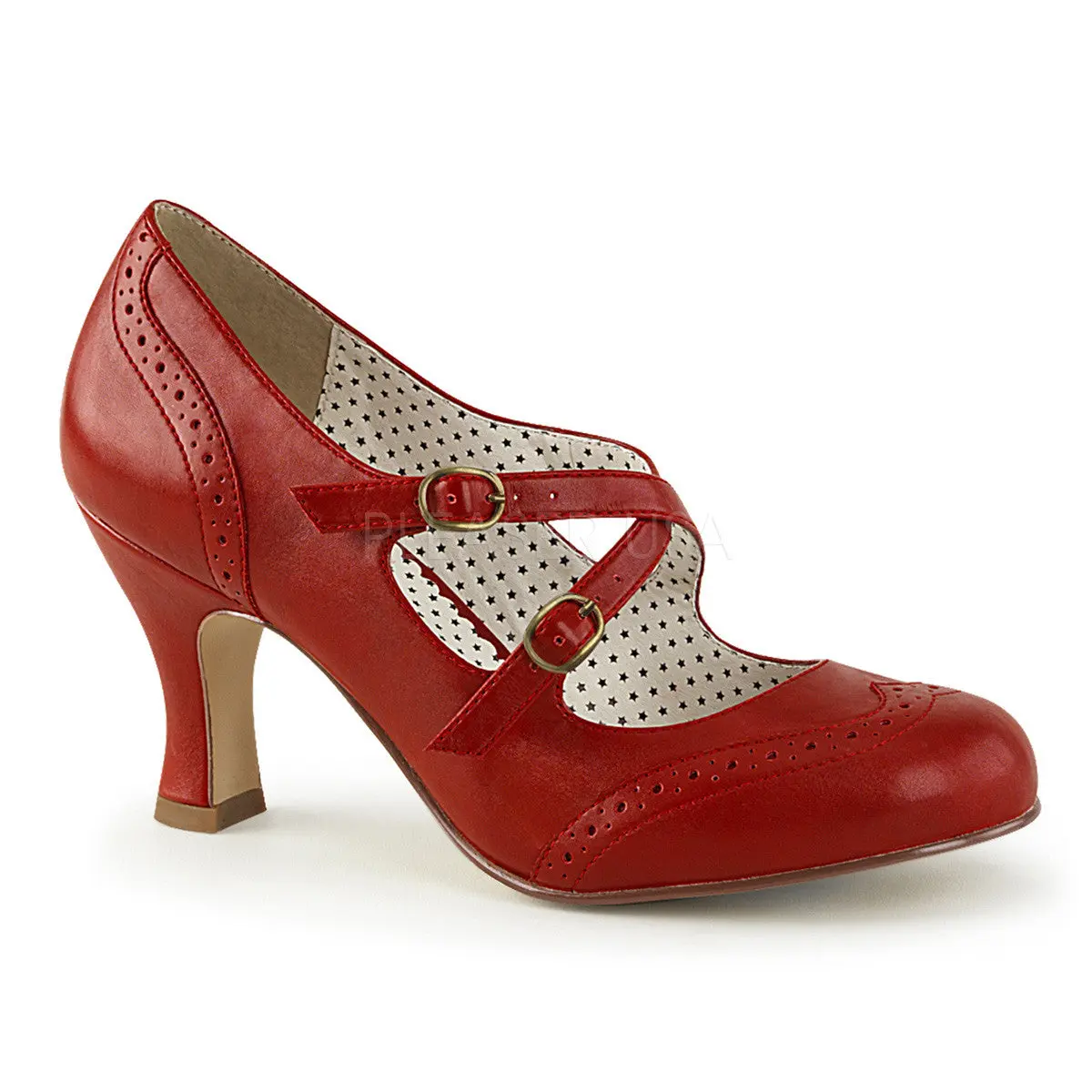 Women's Vintage Red Mary Jane Pumps with a Criss-Cross Ankle Strap, Round Toe & 3" Stacked Fabric Heel Shoe, Elegant, High Heel, Footwear, Party, 3 In, Fabric Upper, Stacked Heel