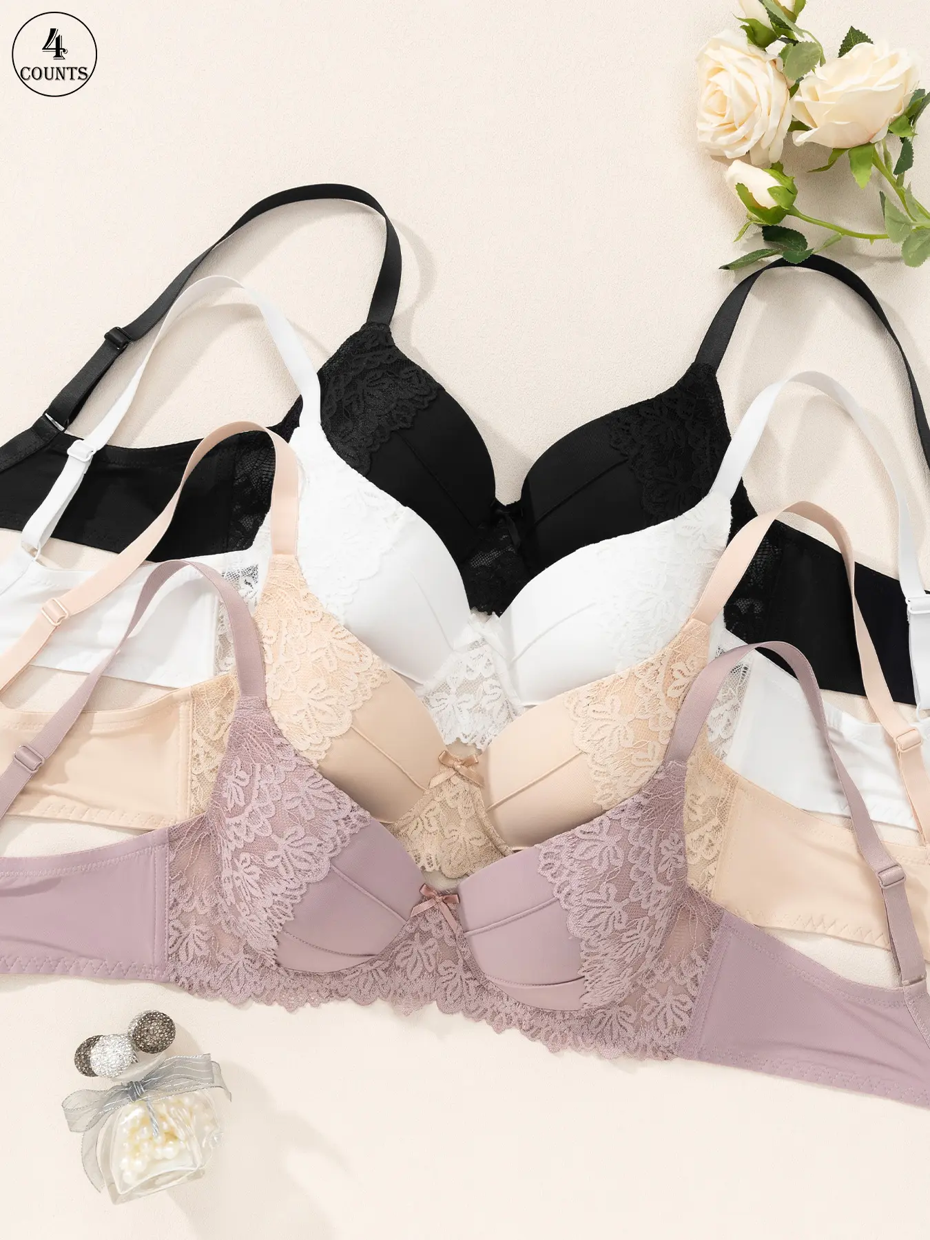 3/4/6 Pack / 6 colors lace seamless push-up bra with underwire, wide adjustable straps, three-row four-hook back, breathable and skin-friendly comfortable fabric, suitable for commuting/dating/home use, women's seamless bra, Elegant bras