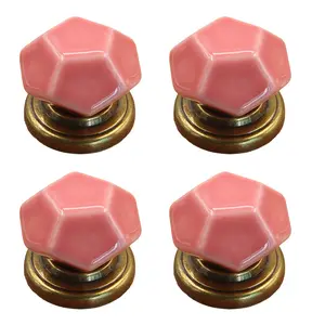 4 Pack Pink Geometric Ceramic Cabinet Knobs – Vintage Metal Base Drawer Pulls with Mounting Screws, Retro Faceted Knobs for Kitchen Cabinets, Bathroom Vanities, Dressers and Home Improvement