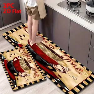 2/3 Piece Flannel Kitchen Mat Set, Vintage Hand-Drawn Coffee Time Design, Non-Slip, Absorbent, Decorative Rug, Vintage Printed Rug, Home Decor